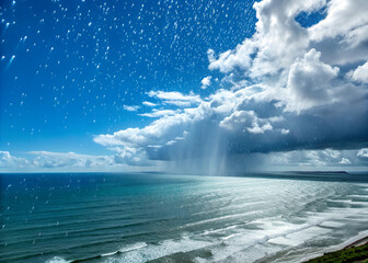 Rain Shower over the Ocean: A dramatic view of a rain shower over a vast ocean, with fluffy white clouds and a bright blue sky forming a breathtaking contrast.