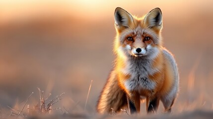 Obraz premium This beautiful fox stands gracefully in soft golden light, showcasing its striking features and evoking a sense of wilderness and natural beauty in the surrounding landscape.