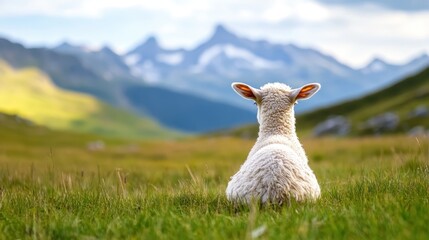 A lone sheep rests in a lush green field, gazing at a breathtaking mountain range in the distance, evoking a sense of peace and the beauty of nature's wilderness.