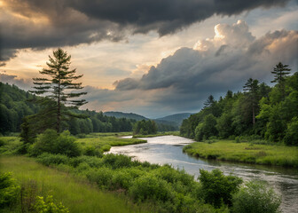 Serene River Landscape Under Dramatic Skies: A breathtaking vista unfolds, where a meandering river snakes through a lush valley. Overcast skies cast a dramatic light over the scene.