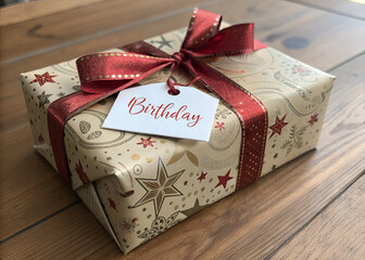 Gift of Celebration: A festively wrapped birthday gift with elegant ribbons and a personalized tag, presented on a wooden surface. The composition emanates warmth and anticipation.