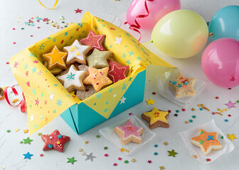 Star-Shaped Delights: Festive star-shaped cookies are presented in a colorful box, accompanied by cheerful balloons and confetti, symbolizing the sweetness of celebration and special occasions. 