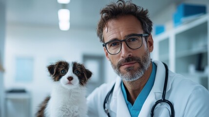 A caring veterinarian poses with an adorable puppy in a clinical setting, highlighting the nurturing relationship between pets and veterinary professionals.