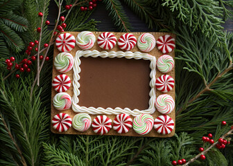Gingerbread Photo Frame: Festive Christmas gingerbread photo frame decorated with peppermint candies, surrounded by fir branches and red berries.