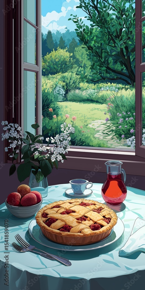 Poster a pie is on a plate on a table in front of a window. the pie is cut into pieces and there are two cu