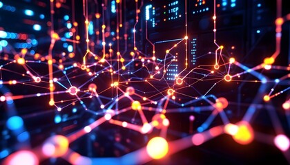 High-tech data streams flowing through a 3D network of glowing nodes and connections 