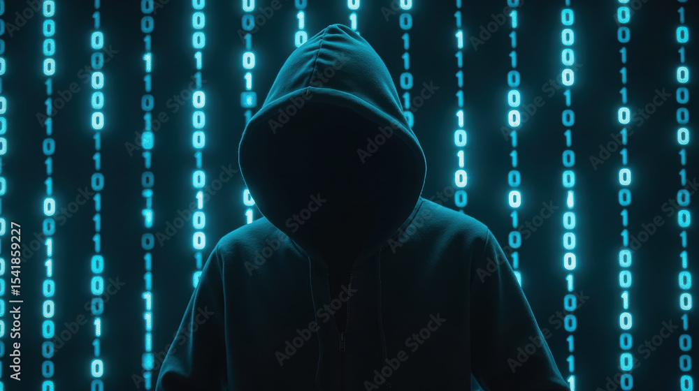 Poster mysterious figure in hoodie stands against backdrop of glowing binary code, evoking sense of intrigu