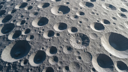Moon surface features display numerous craters, showcasing rugged and textured landscape. high fidelity of image highlights intricate details