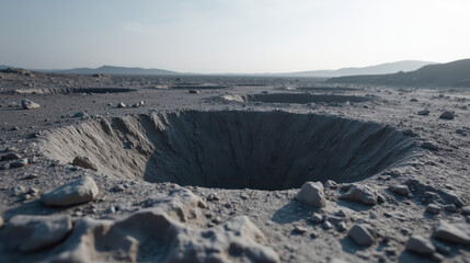 Vast, barren landscape features large crater surrounded by rocky terrain, evoking sense of desolation and mystery