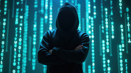 Mysterious figure in dark hoodie stands confidently against backdrop of glowing binary code, evoking sense of intrigue and technology