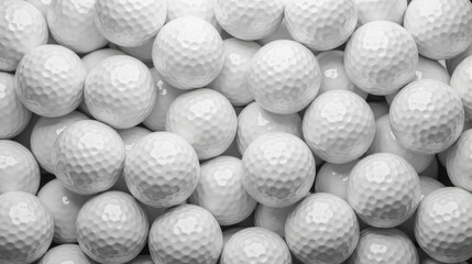 White golf balls stacked closely together, showcasing their textured surfaces and dimples, creating visually appealing pattern