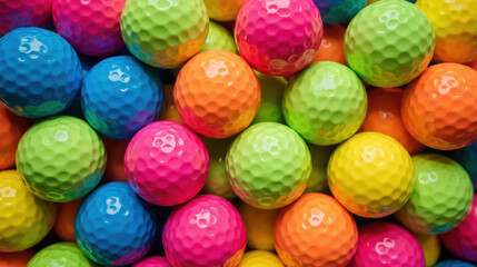 Colorful golf balls in vibrant shades of blue, pink, orange, and yellow create playful and energetic atmosphere