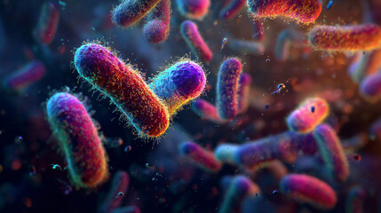 Fototapeta premium Bacteria observed under a microscope. system of microbes. Photorealistic microbiology at high resolution