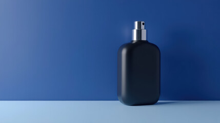 Sleek black perfume bottle on blue background, showcasing elegance and modern design. Perfect for fragrance advertising or product display