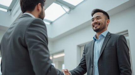 Professional handshake in modern office setting, showcasing collaboration and business relationships. atmosphere is positive and engaging