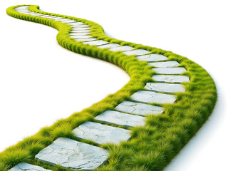 Stone path on green grass bending into the distance, symbolizing journey, progress, and natural scenery. Generative AI