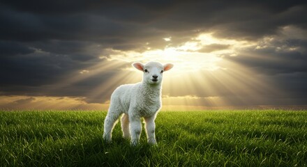 Fototapeta premium Cute Lamb Standing in Green Grassy Field with Radiant Sunlight Shining Through Dramatic Cloudy Sky