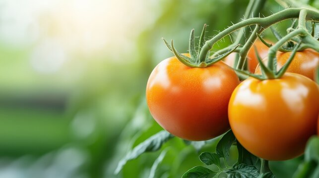 A close view of ripe tomatoes hanging gracefully on their vines in a sunlit garden, symbolizing fresh produce and the beauty of nature's bounty in a harmonious setting.