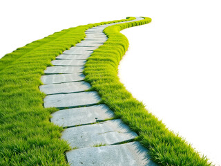 Stone path on green grass bending into the distance, symbolizing journey, progress, and natural scenery. Generative AI
