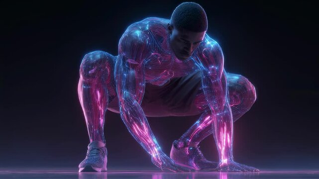 Innovative medical visualization shows an athlete crouching, preparing for explosive movement, with highlighted joints and muscles, demonstrating the interconnectedness of body systems