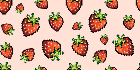 Seamless pixel art pattern of strawberries with green leaves on a soft background in a retro 8 bit style,ideal for wallpapers, mobile app backgrounds, kids' products, textile prints, packaging. Vector