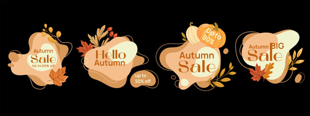 Autumn Sale banners set with leaves, pumpkins, and promotional text in warm colors. Sale Labels for e-commerce ads, social media promotions, website headers, email marketing, flyers.Vector graphics