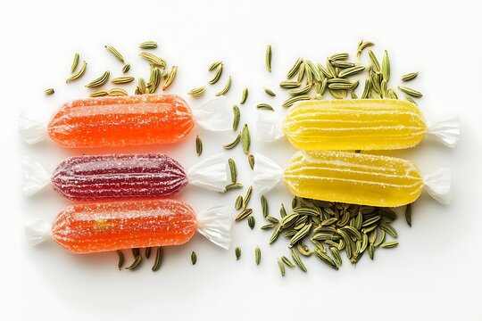 Delicious fennel flavored hard candies in assorted colors a vibrant treat displayed on white background