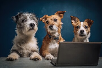 Three adorable dogs looking at a laptop, showcasing a heartwarming scene of canine companionship and modern technology. This captivating image is perfect for pet lovers and technol