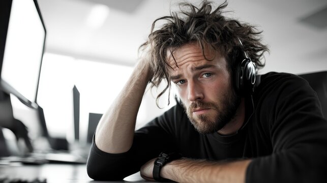 A young man with unkempt hair appears deep in thought, capturing a moment of contemplation in a modern workspace filled with technology and creative energy around him.