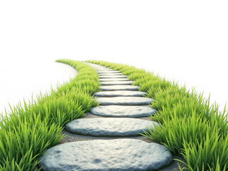 Stone path on green grass bending into the distance, symbolizing journey, progress, and natural scenery. Generative AI