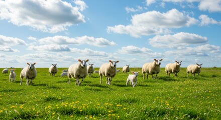 Obraz premium Flock of Sheep with Lambs Grazing on Green Meadow Under Sunny Blue Sky