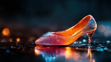 A stunning high heel shoe glistens on a reflective surface, showcasing its vibrant colors and elegance, embodying beauty and fashion in a luxurious artistic presentation.