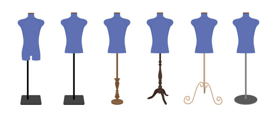 Collection of male tailor dress forms in blue color with various vintage and modern stands. Vector illustration of sewing mannequins for fashion design, tailoring, and garment construction.