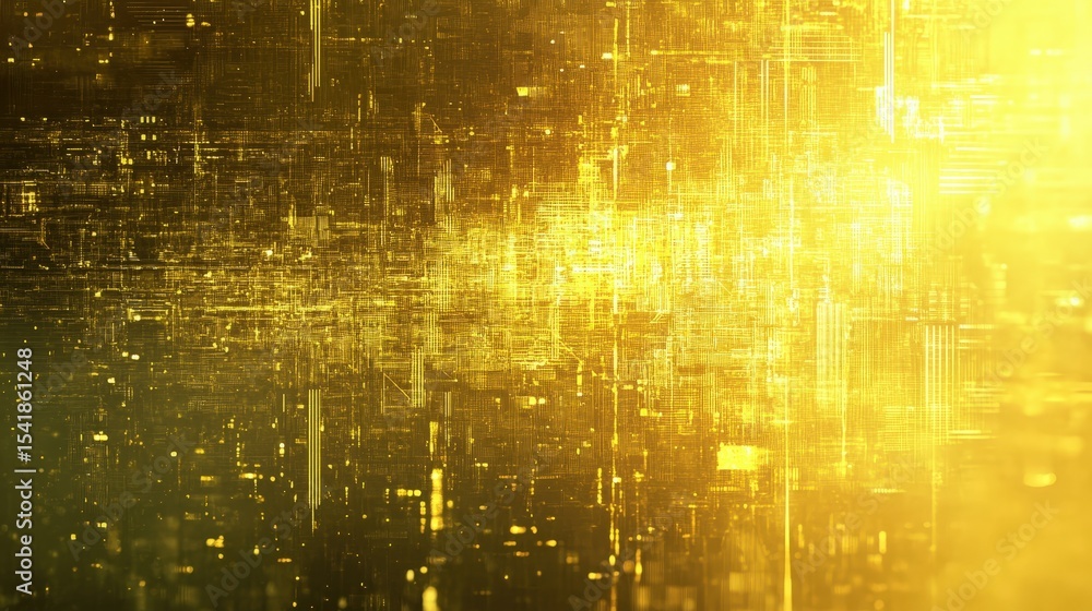 Poster abstract digital artwork with glowing golden grid lines and particles creating a futuristic, high-te