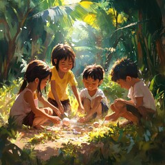 Fototapeta premium Four children gather around something on the ground in a sunlit tropical setting