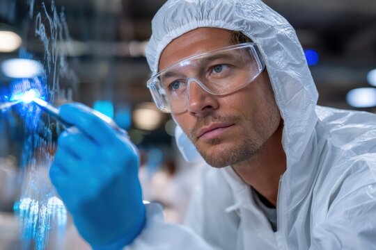 A focused scientist wearing protective gear is analyzing complex data in a high-tech laboratory, emphasizing innovation and the role of science in modern society. - Powered by Adobe