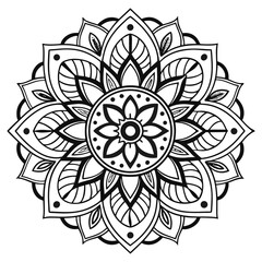 Black and white mandala with floral and leaf motifs, intricate symmetrical line art