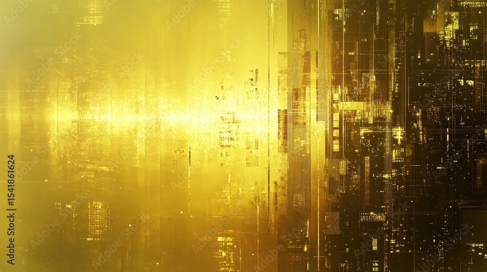 Poster abstract digital artwork with golden and dark tones featuring intricate geometric patterns and grid-