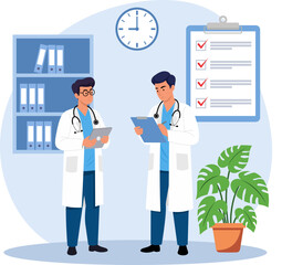 Illustration of a Two Doctors Discussing Patient Data Medical Consultation and Healthcare Team