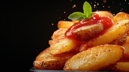 A delicious heap of golden-brown potato wedges topped with tangy ketchup, styled against a dark backdrop, enticing for food lovers and gourmet enthusiasts alike.