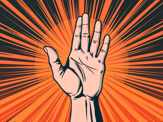 Comic-style illustration of a raised hand in a stop gesture with vibrant rays in the background. Generative AI