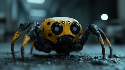 A striking yellow robotic spider positioned on a gritty surface, showcasing futuristic design and innovation, perfect for tech enthusiasts and sci-fi fans looking for inspiration.