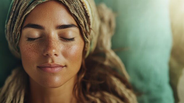 A serene portrait of a woman with closed eyes, showcasing her natural beauty and tranquility, perfect for wellness, mindfulness, and beauty themes that resonate universally.
