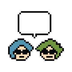 Obraz premium Cartoon pixel cute character man face with chat box blank decoration 8 bit male boy say speak discuss idea chat box cartoon pixel 8bit game png vector.