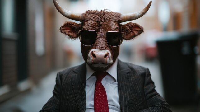 An unconventional businessman with a cow mask and suit exudes a sense of humor and creativity, showcasing an absurd yet fascinating intersection of reality and fantasy.