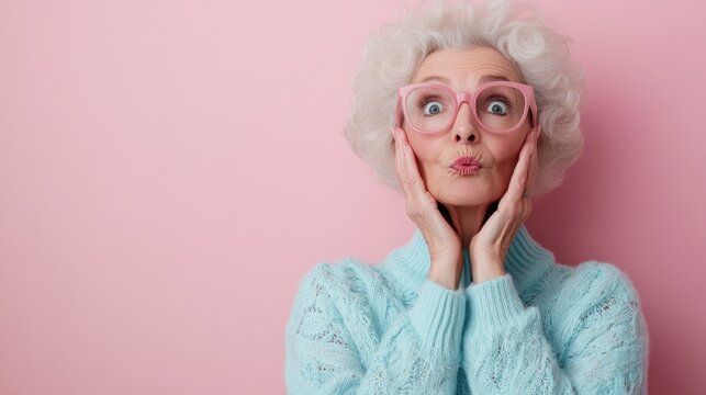 An elderly woman with a joyful expression and stylish pink glasses poses playfully against a soft pink background, embodying the spirit of youthfulness and vibrancy in her later years.