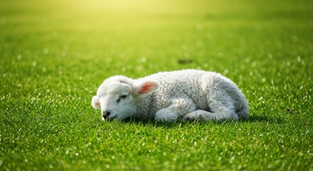 Sleeping Lamb on Green Grass with Bright Sunlight, Soft Focus Animal Portrait