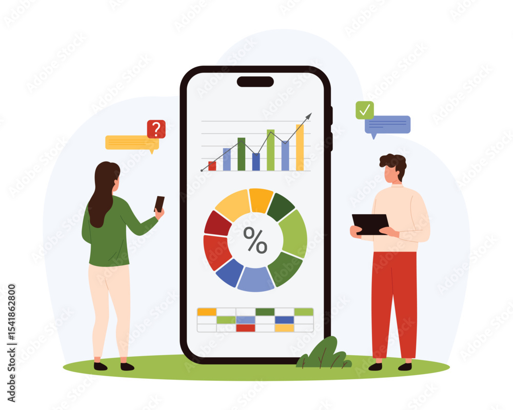 Poster data analysis, audit with mobile app vector illustration. cartoon tiny people research digital docum