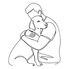 Fototapeta premium Vector line art of a man hugging a labrador, clean minimalist dog lover sketch