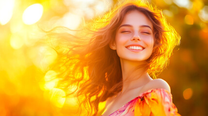 Fototapeta premium A cheerful young woman enjoys a sunny day outdoors, her hair flowing in the breeze and a bright smile on her face. A moment of pure happiness captured.